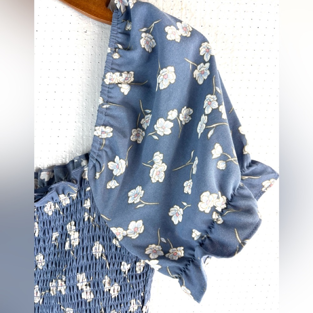 Inspired Hearts L Feminine Boho Smocked Gray Blue Ditsy Floral Jumpsuit - Picture 5 of 8